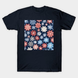 Blue and Red Chiyogami Snowflakes Winter Pattern T-Shirt